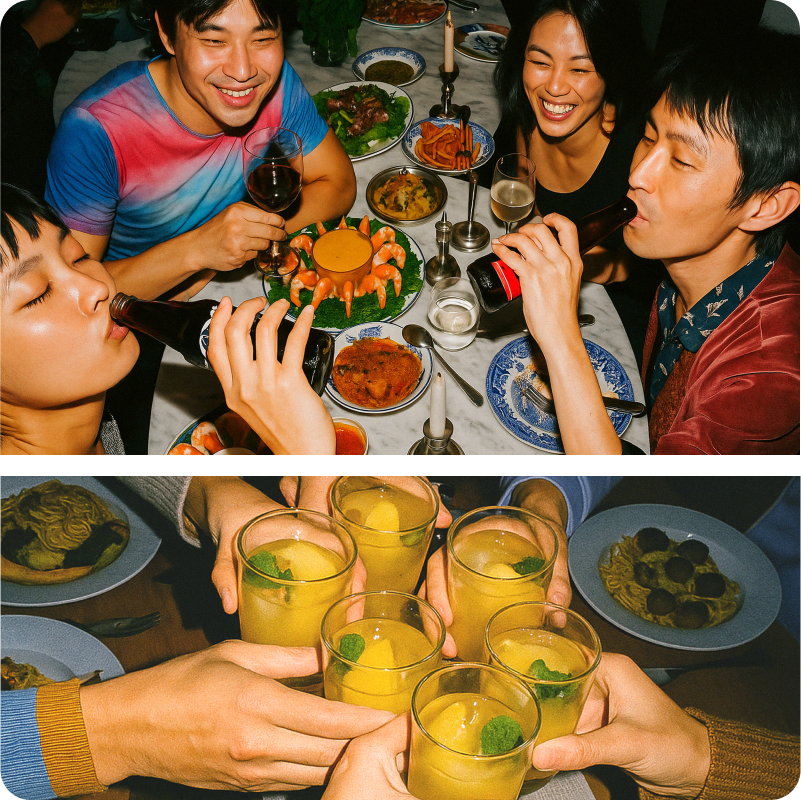 Collage of dinner guests laughing, a portrait of founder Lee, and drinks being toasted